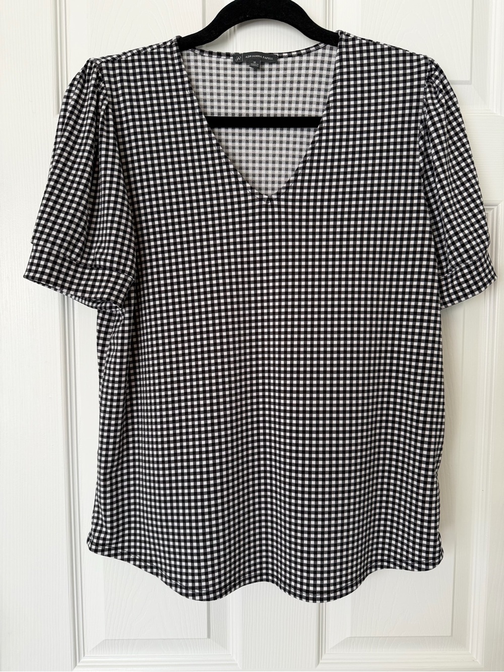 Adrianna Papell Black & White Gingham V-Neck Top